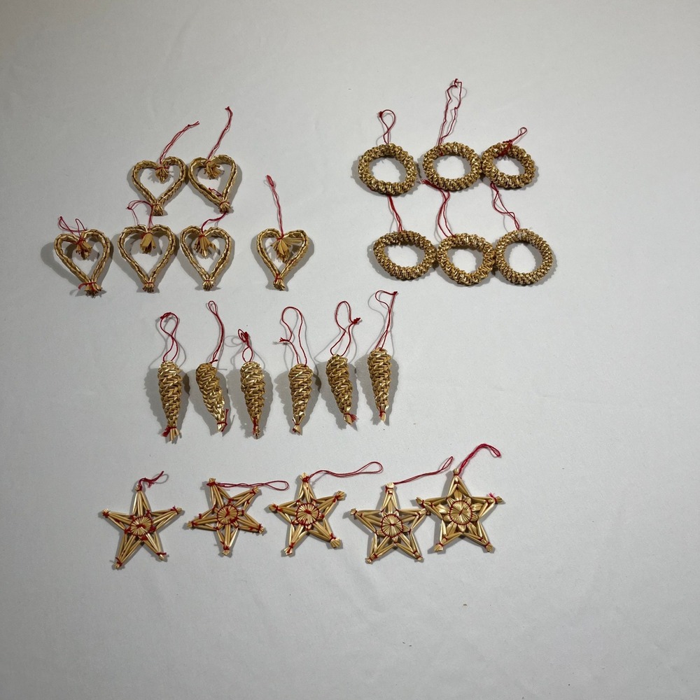 Woven Straw Christmas Tree Ornaments Natural Tan Red Folk Art 23pc Set Holiday